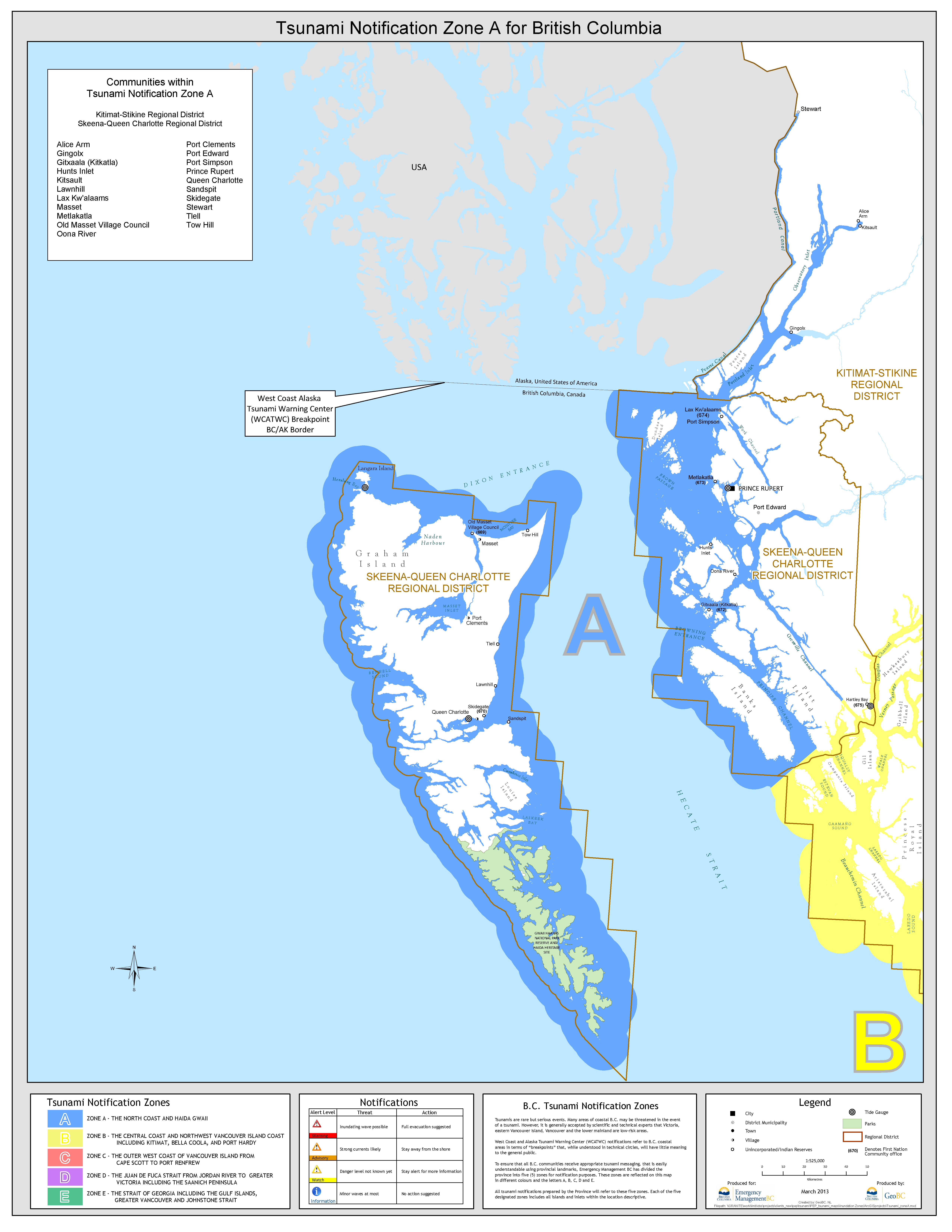 Highlighted map showing BC Tsunami Zone A. Zone A includes the North Coast of BC including Haida Gwaii.