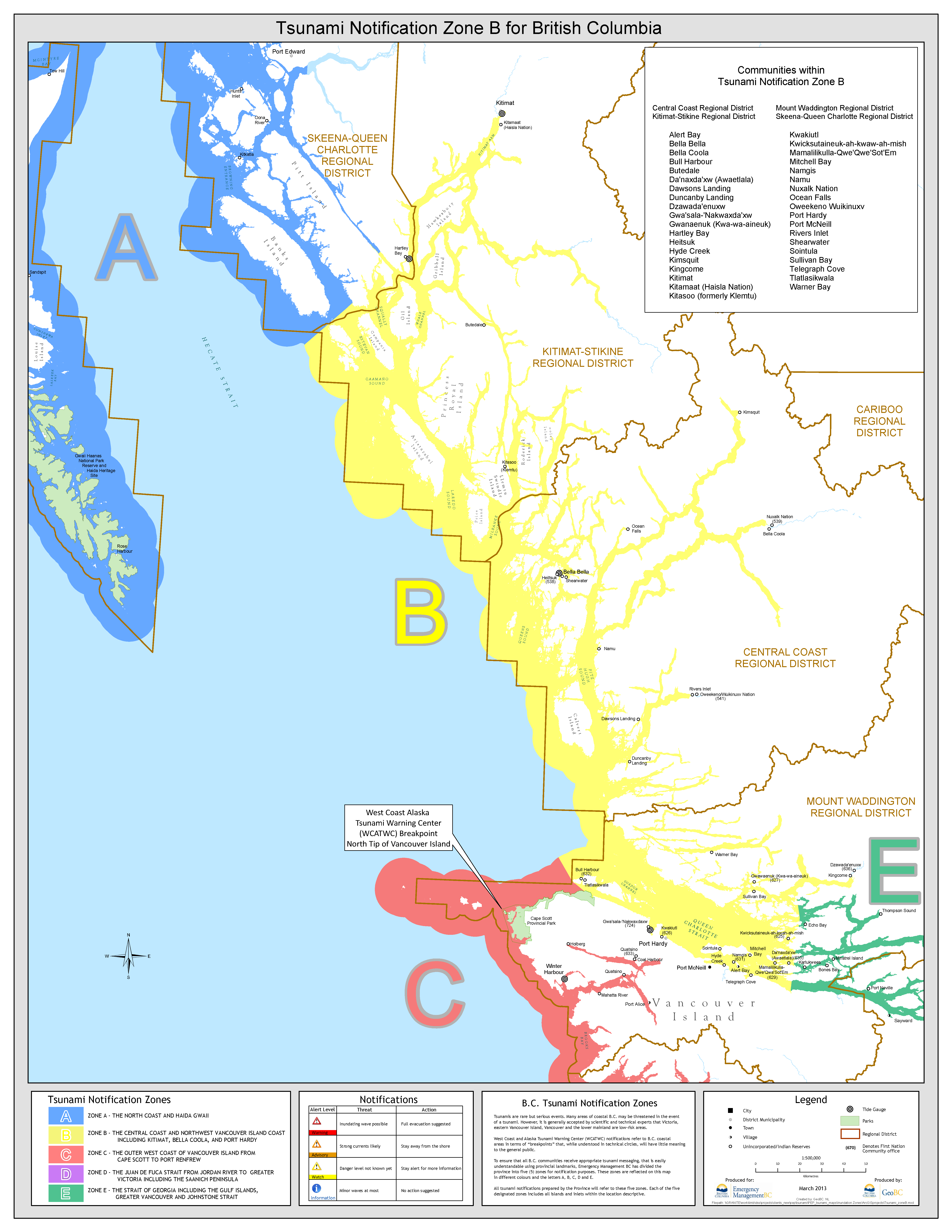 Highlighted map showing BC Tsunami Zone B. Zone B includes The Central Coast and Northeast Vancouver Island including Kitimat, Bella Coola and Port Hardy.