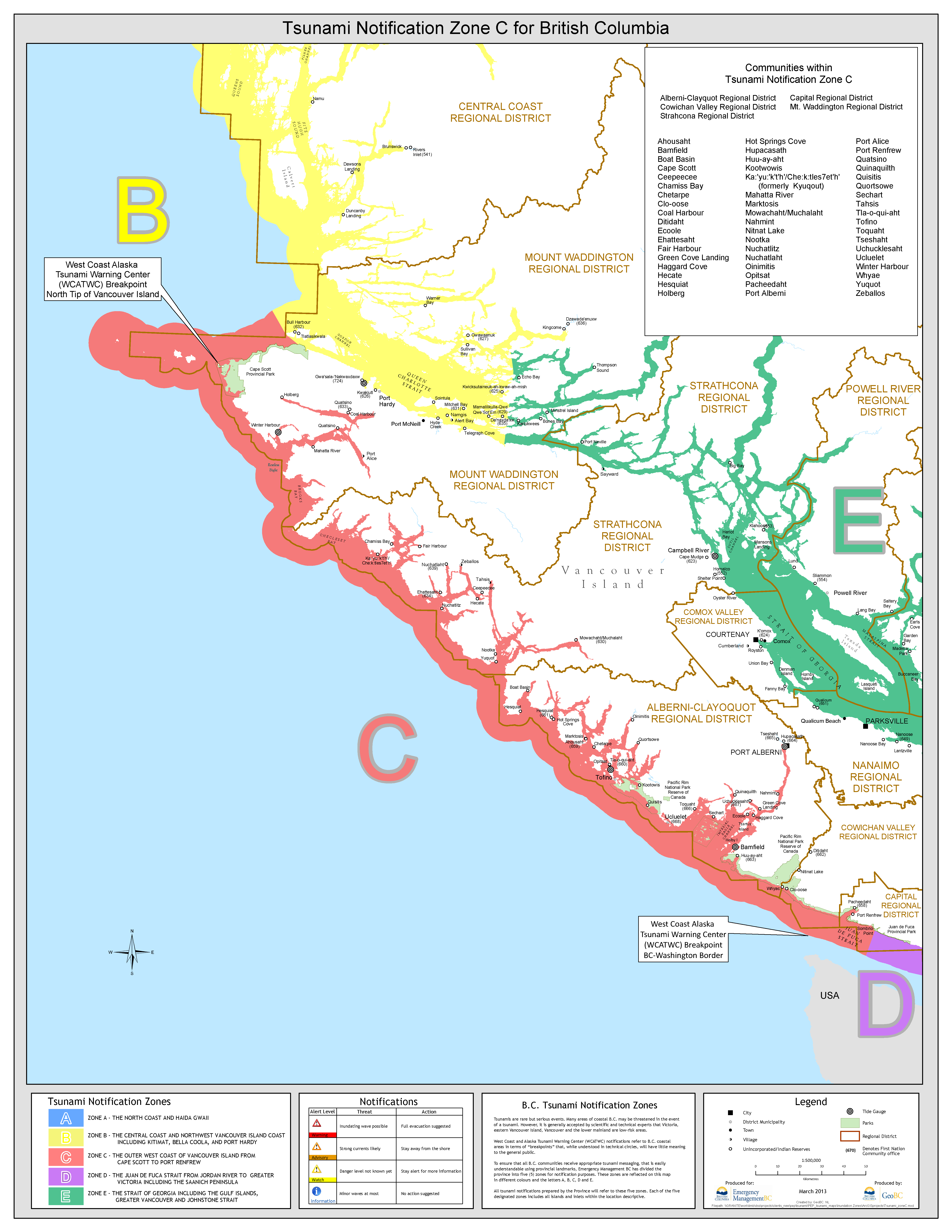 Highlighted map showing BC Tsunami Zone C. Zone C includes the Outer West Coast of Vancouver Island from Cape Scott to Port Renfrew
