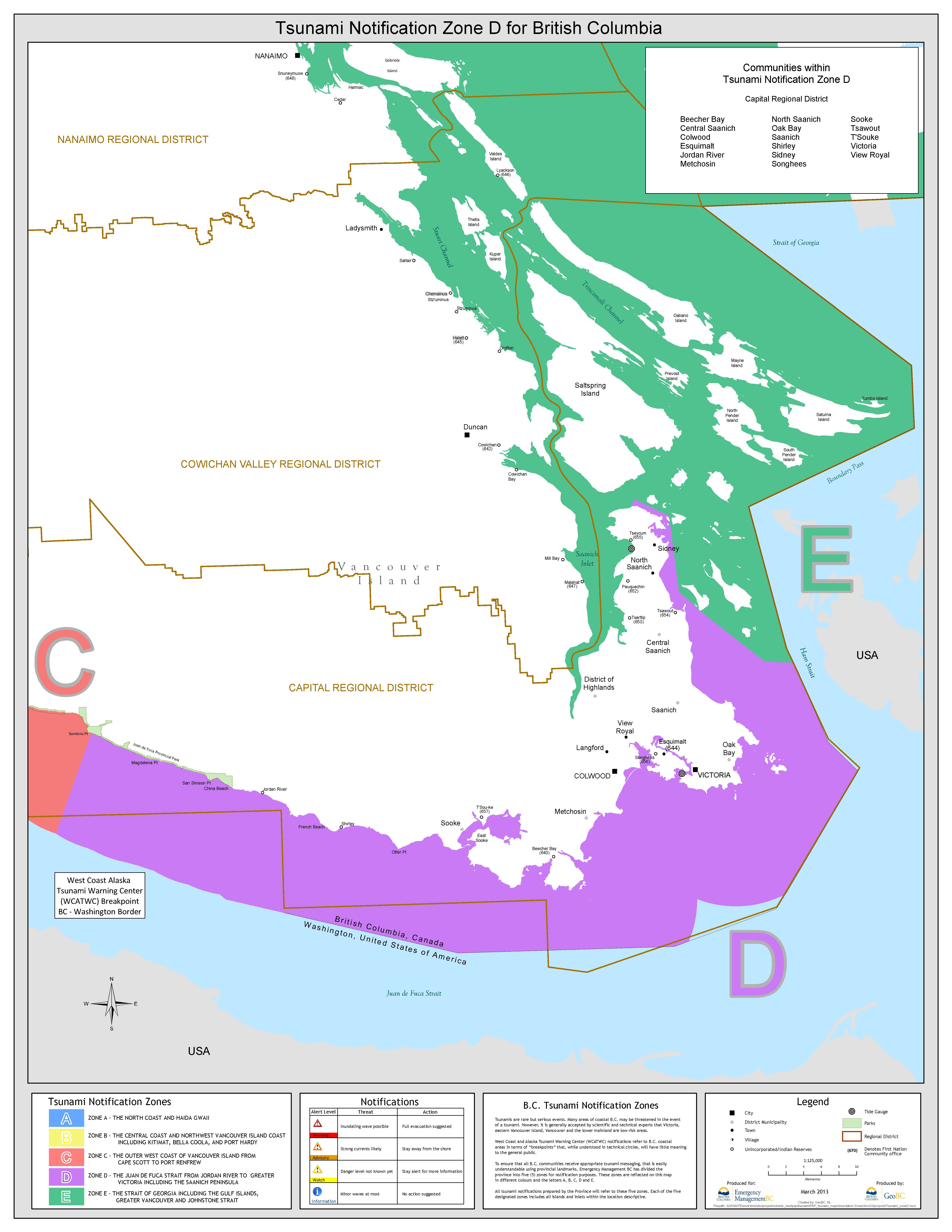 Highlighted map showing BC Tsunami Zone D. Zone D includes The Juan de Fuca Strait from Jordan River to Greater Victoria Area including the Saanich Peninsula.