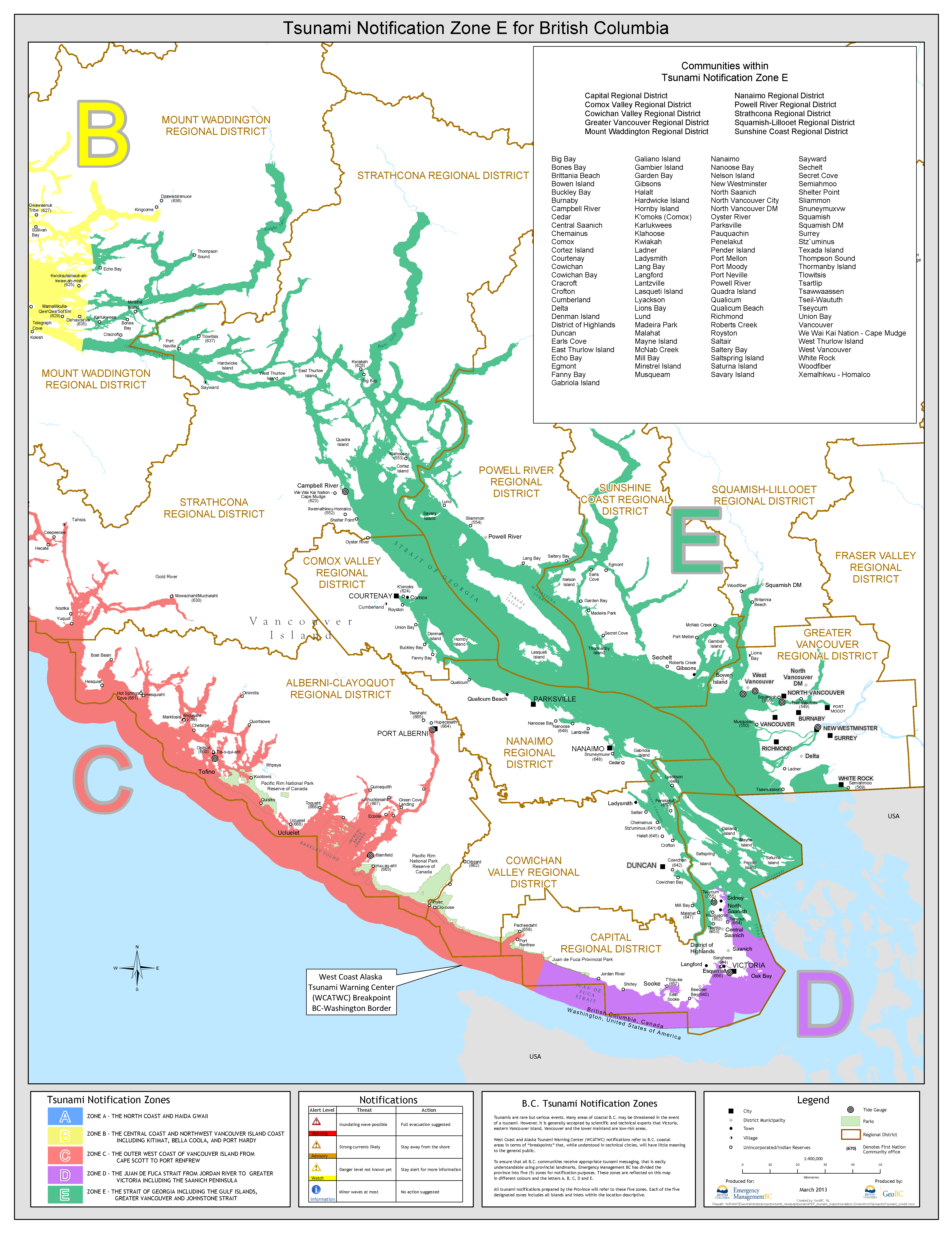 Highlighted map showing BC Tsunami Zone E. Zone E includes the Strait of Georgia including the Gulf Islands, Greater Vancouver and Johnstone Strait.