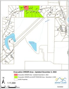 Map depicting the Redi Road, Jason creek area. Properties under evacuation order are highlighted.