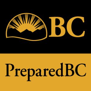 PreparedBC logo. Square shape, top half is black background with yellow BCgov rising sun with BC beside it, bottom half is yellow background with black words PreparedBC
