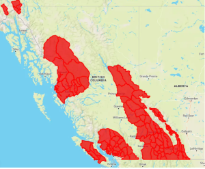 Image of areas impacted by the Special Public Avalanche Warning in BC.