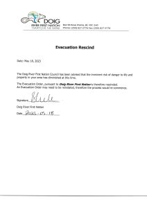 Evacuation Order Rescind. Doig River First Nation