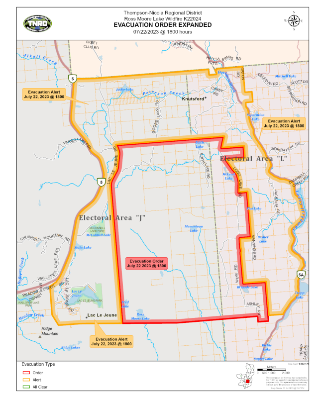 Evacuation Order Map for the Ross Moore Lake wildfire.