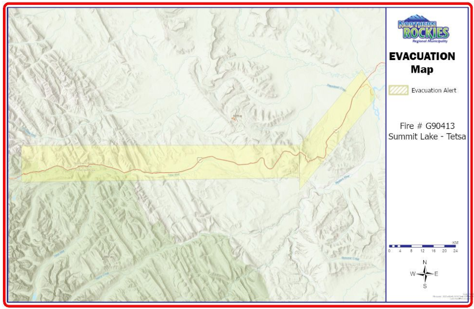 The Evacuation Alert issued June 10, 2025 @ 10:00 hrs by the Northern Rockies Regional Municipality at their Emergency Operations Centre (EOC), for the following area as shown in the attached map in yellow which is a polygon bounded by:

Along the Alaska Highway corridor from the Muskwa River Boat Launch (Mile 319 | KM 513 Alaska Highway); From the NW point (58°49'55.80"N 123°33'20.62"W) to the SW point (58°46'58.64"N 123°30'28.12"W)
Along the Alaska Highway corridor to and including the Raspberry Creek pullout (Mile 308.2 | KM 495.5 Alaska Highway); from the NE point (58°54'36.0"N 123°19'12.0"W) to the SE point (58°52'2.95"N 123°18'31.67"W)
 has been rescinded.