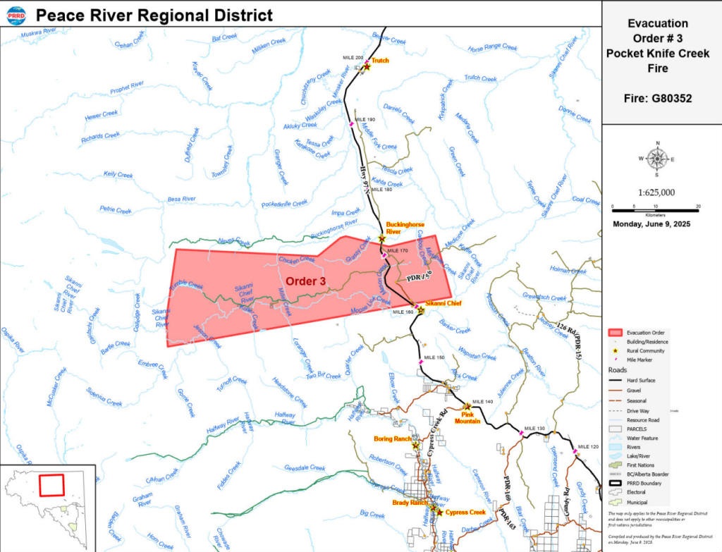 vacuation Order #3 are includes area 1.4 km from a point North of Sikanni Chief Bridge. From said point on Hwy 97N in a Southwesterly direction 57.5 km. North 56 km. To a point of intersection with existing evacuation Order #1. Following Order #1 boundary Easterly direction to a point of intersection with the most Southwesterly tip of Evacuation Order #2. Along the Southerly boundary of Order #2 to the Southeasterly most point. Easterly 11km. Southerly for approximately 15 km. Approximately 10 km Southwesterly to a point of intersection with Hwy 97N