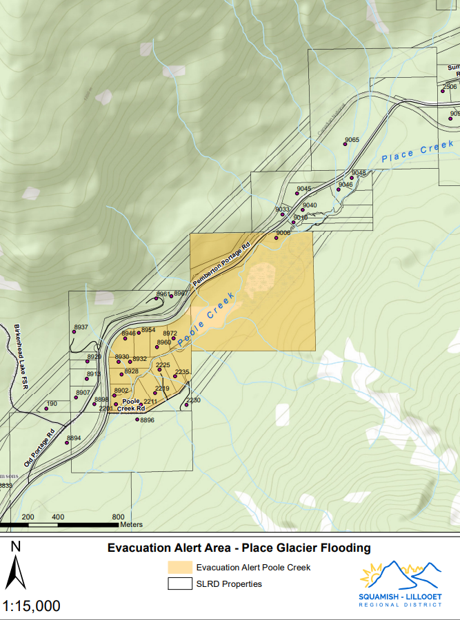 The SLRD has issued an Evacuation
Alert due to flooding for the following properties:
• 8902 Pemberton Portage Rd
• 8928 Pemberton Portage Rd
• 8930 Pemberton Portage Rd
• 8932 Pemberton Portage Rd
• 8946 Pemberton Portage Rd
• 8954 Pemberton Portage Rd
• 8960 Pemberton Portage Rd
• 8972 Pemberton Portage Rd
• 9006 Pemberton Portage Rd
• 2201 Poole Creek Rd
• 2211 Poole Creek Rd
• 2219 Poole Creek Rd
• 2225 Poole Creek Rd
• 2235 Poole Creek Rd
• LOT 13 DISTRICT LOT 1545
