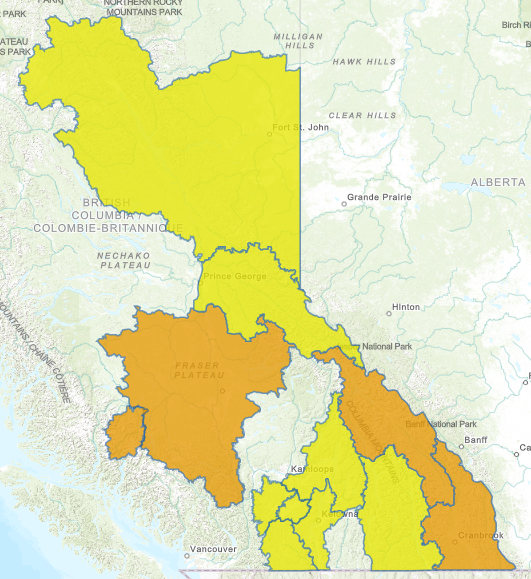 The River Forecast Centre is maintaining a Flood Watch for:
• Upper Columbia and tributaries
• East Kootenay
• Middle Fraser/Chilcotin region tributaries draining from the Coast Mountains east of
Lillooet and Williams Lake
• Homathko River
The River Forecast Centre is maintaining/issuing a High Streamflow Advisory for the BC Interior
including tributaries in the:
• Peace Region, including areas around Hudson’s Hope, Chetwynd, Tumbler Ridge,
Dawson Creek, Fort St. John and surrounding areas
• Upper Fraser (New)
• South Thompson and Nicola (New)
• West Kootenay, Okanagan, and Similkameen (New)