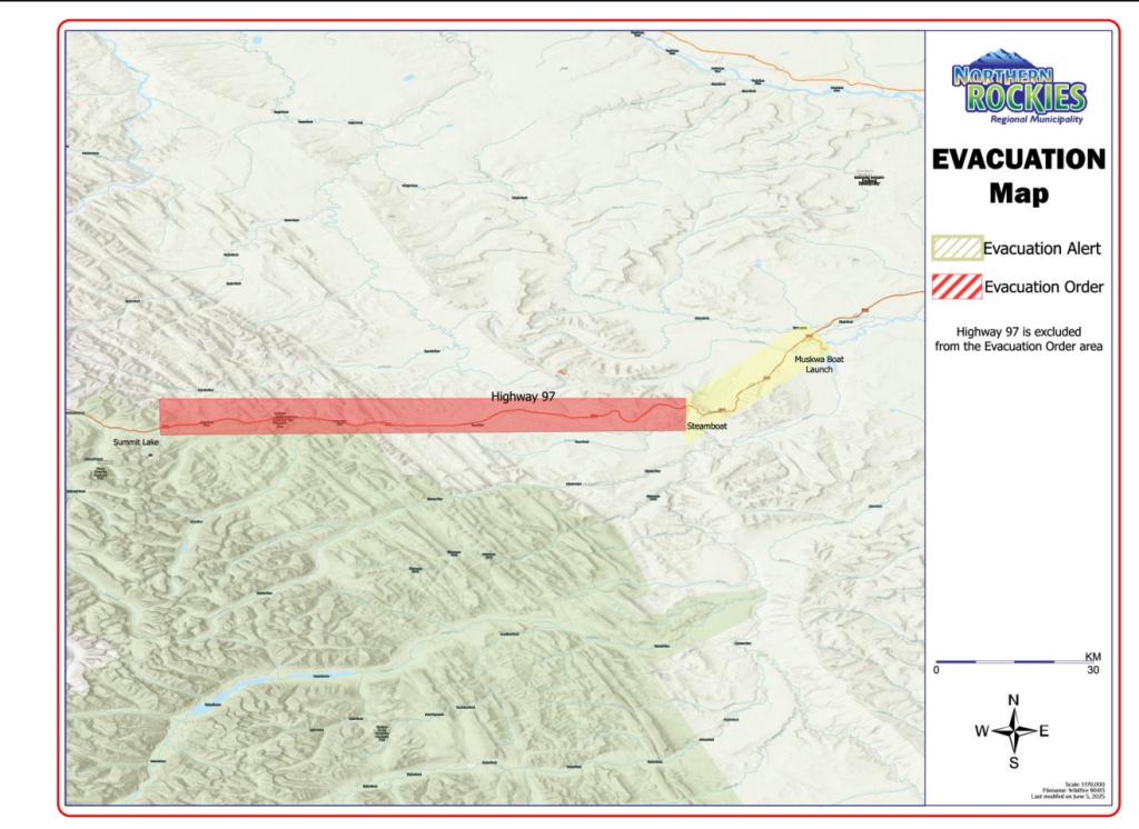 Evacuation Order area is Along the Alaska Highway corridor from Summit Lake Campground within Stone Mountain Provincial Park (Mile 392 | KM 630 Alaska Highway); from the NW point (58°42'2.23"N 124°39'43.41"W) to the SW point of (58°38'16.21"N 124°39'40.50"W). To the Steamboat Mountain Brake Check (Mile 333 | KM 536 Alaska Highway); at the NE point (58°42'2.38"N 123°45'29.44"W) to the SE point (58°38'43.58"N 123°45'30.02"W). Excluding the Alaska Highway Corridor (Highway 97) subject to closures as directed by BCWS. There is also an Evacuation Alert on an adjacent area southbound on the Alaska Highway from the Steamboat Mountain Brake Check to & including the Muskwa River Boat Launch.