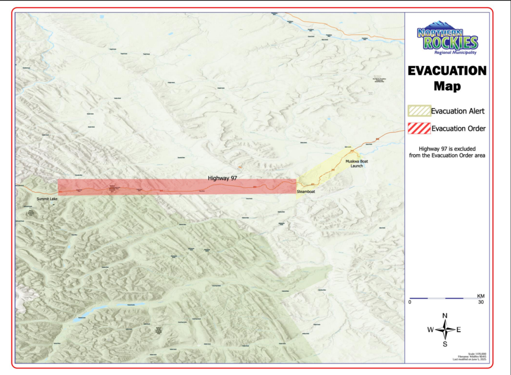 Evacuation Alert area is along the Alaska Highway corridor from the Steamboat Mountain Brake Check to & including the Muskwa River Boat Launch. There is adjacent evacuation Order areas Along the Alaska Highway corridor from Summit Lake Campground within Stone Mountain Provincial Park (Mile 392 | KM 630 Alaska Highway); from the NW point (58°42'2.23"N 124°39'43.41"W) to the SW point of (58°38'16.21"N 124°39'40.50"W). To the Steamboat Mountain Brake Check (Mile 333 | KM 536 Alaska Highway); at the NE point (58°42'2.38"N 123°45'29.44"W) to the SE point (58°38'43.58"N 123°45'30.02"W). Excluding the Alaska Highway Corridor (Highway 97) subject to closures as directed by BCWS.