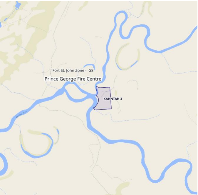 Evacuation order area is described as: Kahntah IR #3. 100 kilometers south east of the community of Fort Nelson First Nation. 108 kilometers northeast of the community of Prophet River. On the east bank of the confluence of the Fontas River and Kahntah River. Latitude and longitude 58°21'18.15"N, 120°54'28.71"W. This area includes four seasonally inhabited homes and many cultural sites.