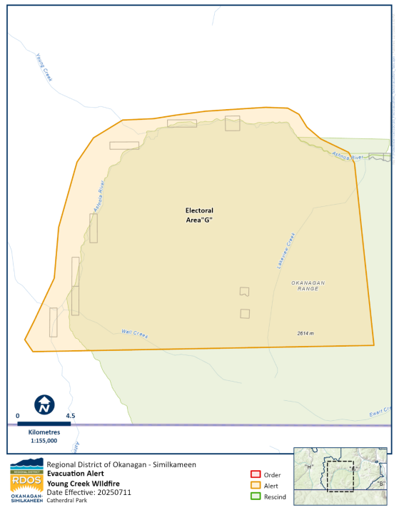 The EVACUATION ALERT begins at approximately 21 kilometre mark of Ashnola Road and
includes the following areas:
Cathedral Lake Lodge
Lake of the Woods Campground
Twin Buttes Campground
Cathedral Lake
Pyramid Lake
Ladyslipper Lake