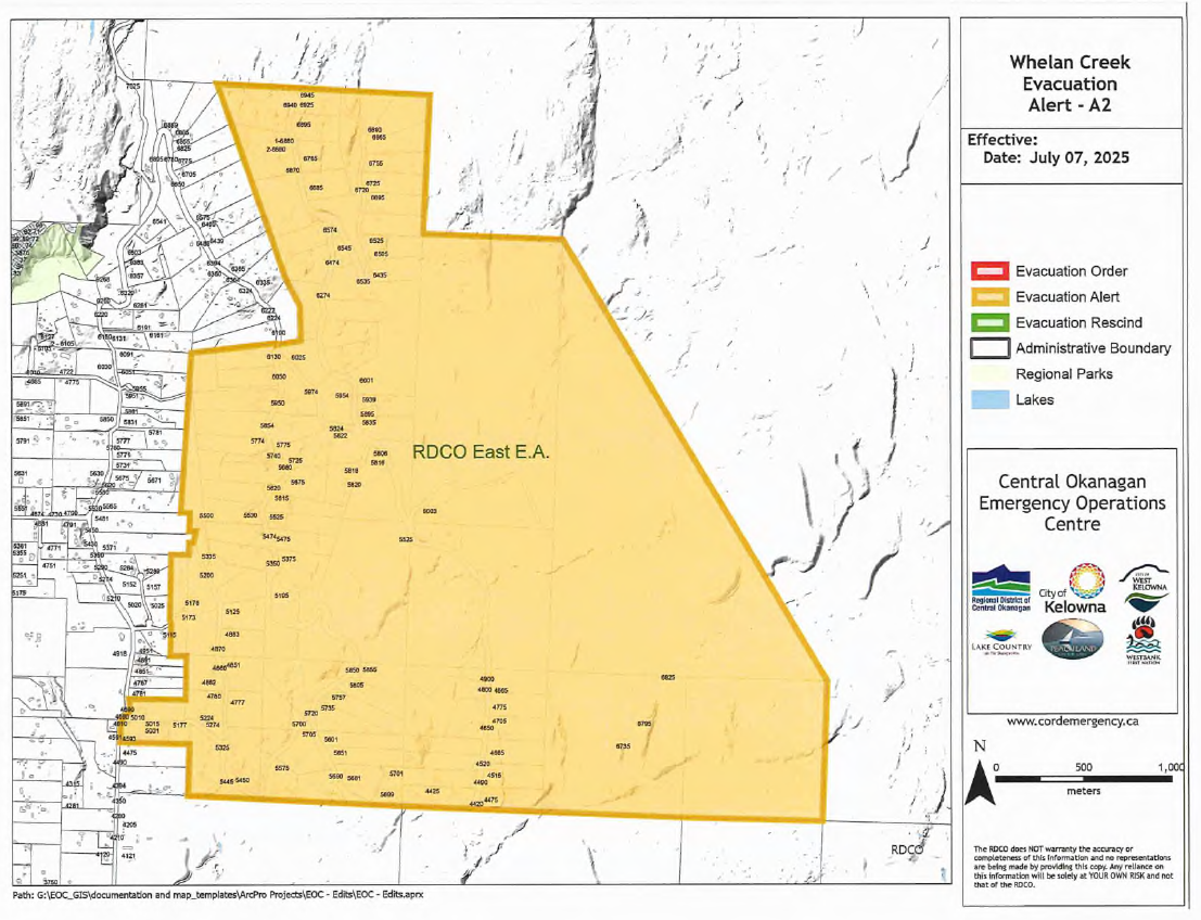 The Evacuation Alert includes 4591 and 4593 Anderson Road; all addresses on Batta Forest Service Road, Booth Road, Deadpine Road, Langley Court, Monaghan Road, Rockface Road, Sierra Drive, Twin Creek Place, Upper Booth Road, and Upper Booth Road North; 4475 to 6025 Farmers Drive; and 5173 and 5176 Whitetail Road.