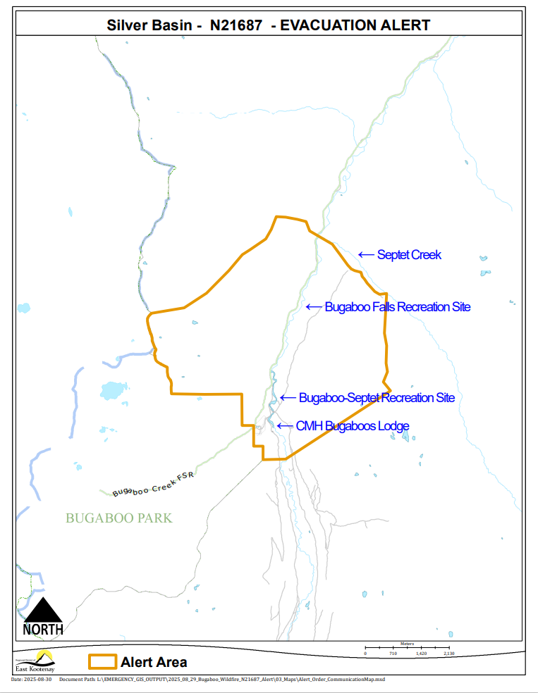 The Evacuation Alert area is described as South of where Bugaboo Creek Road meets Septet Creek (N 50° 47' 56.04'', W 116° 41' 2.039) to Bugaboo Provincial Park Boundary, including Bugaboo Falls Recreation Site, Bugaboo Septet Recreation Site, CMH Lodge and includes 3 civic addresses, 1700, 1710 and 1750 Bugaboo Creek FS Road.