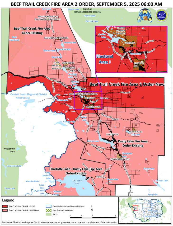 Evacuation Order for the Beef Trail Creek area including Anahim Lake, Thomas Squinas Ranch 2A, Squinas 2, and Ulkatcho 14A.