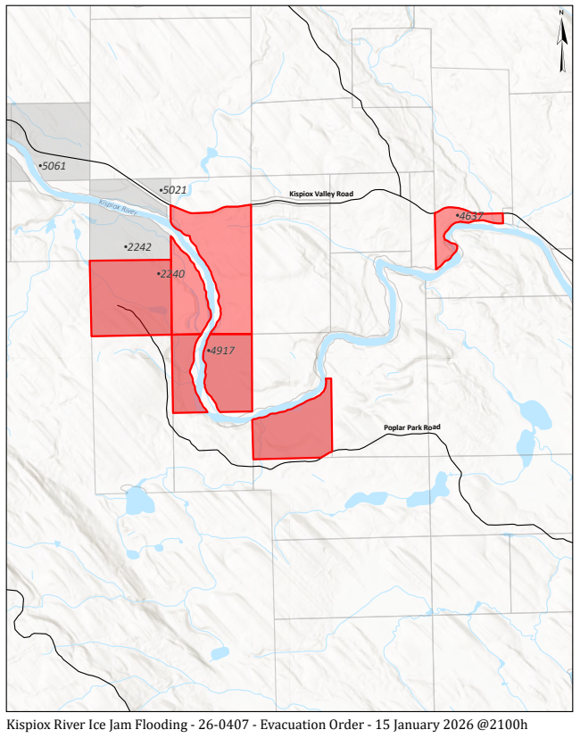Map showing Evacuation Order area issued by the Regional District of Kitimat-Stikine, effective as of
January 15, 2026, at 21:00 for flooding due to an ice jam in the Kispiox River for the following area:
2240 Poplar Park Road,
4917 Kispiox Valley Road,
Cassiar Land District Lot 2281,
4637 Kispiox Valley Road.