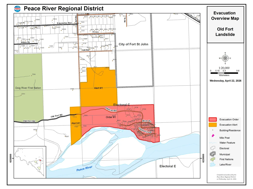 Evacuation Alert in effect for specific properties: southern portions of 7069 265 Road, 9909 and 9911 240 Road; and an area west of Evacuation Order #1 along Old Fort Road, extending 235 metres wide and 150 metres north, including 7711 and 7587 Old Fort Road. Evacuation Order #1 remains in effect for all properties east of, but not including, 7711 Old Fort Road.