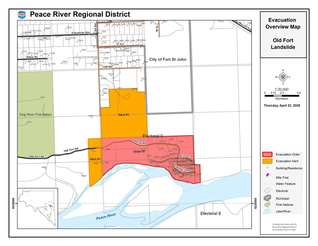Evacuation Alert in effect for specific properties: southern portions of 7069 265 Road, 9909 and 9911 240 Road; and an area west of Evacuation Order #1 along Old Fort Road, extending 235 metres wide and 150 metres north, including 7711 and 7587 Old Fort Road. Evacuation Order #1 remains in effect for all properties east of, but not including, 7711 Old Fort Road.