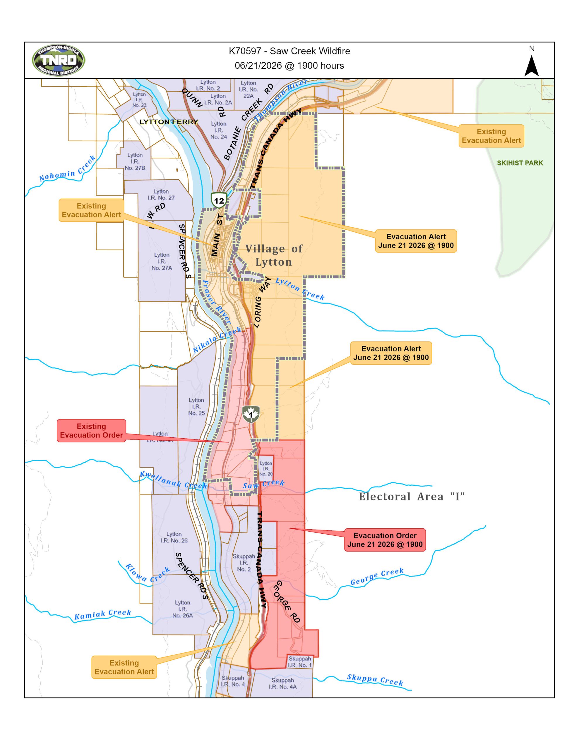 Evacuation Alert expanded following a partial downgrade of Evacuation Orders. An Evacuation Alert is now in effect for approximately 214 properties in the Village of Lytton and Electoral Area I. An Evacuation Order remains in effect for approximately 15 properties.