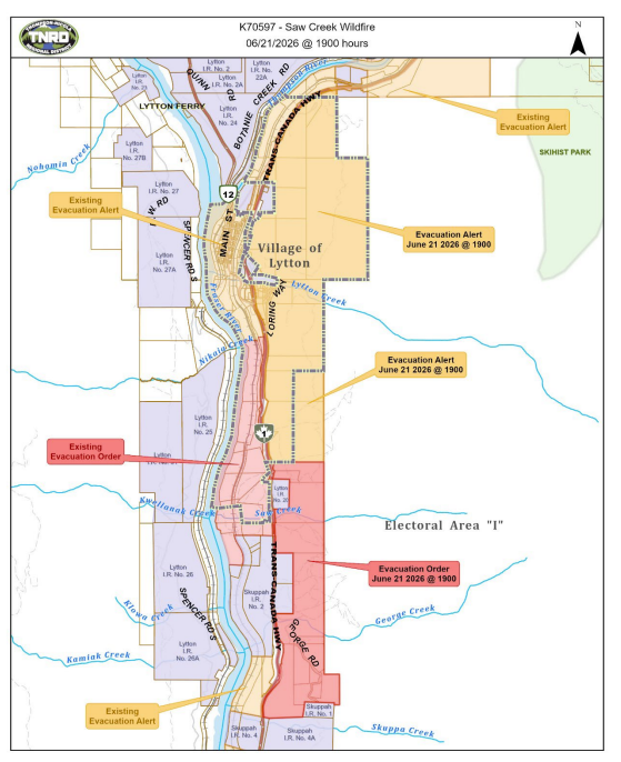 Evacuation Alert expanded following a partial downgrade of Evacuation Orders. An Evacuation Alert is now in effect for approximately 214 properties in the Village of Lytton and Electoral Area I. An Evacuation Order remains in effect for approximately 15 properties.