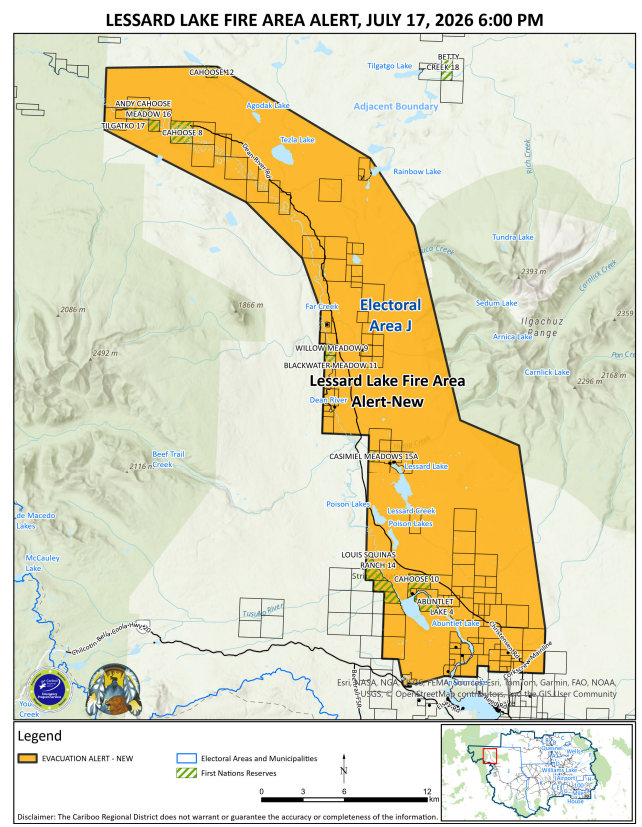 Lessard Lake Wildfire Evacuation Alert area in Electoral Area J, including IR Cahoose 12, IR Andy Cahoose Meadow 16, IR Tilkatko 17, IR Cahoose 8, IR Willow Meadow 9, IR Blackwater Meadow 11, IR Casimiel Meadow 15A, IR Louis Squinas Ranch 14, IR Cahoose 10, and Abuntlet Lake 4.