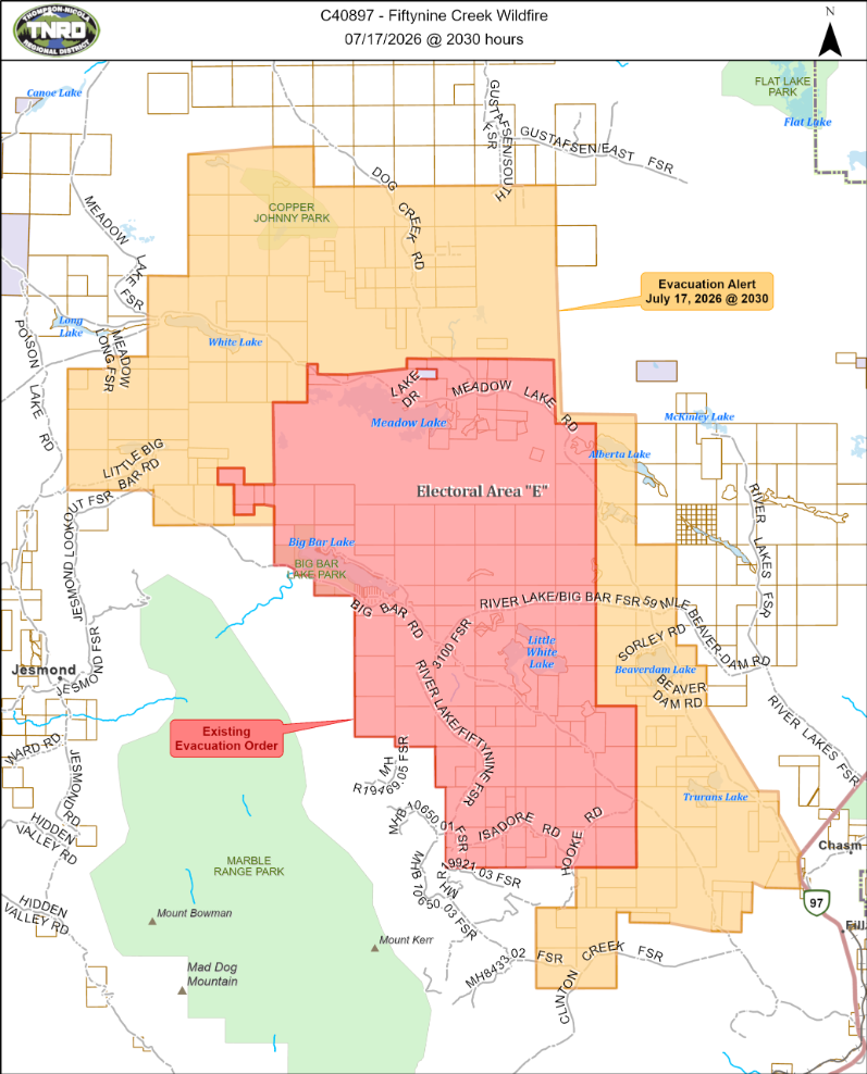 Map depicting the area under Evacuation Alert. Area is 63 properties in Electoral Area E (Bonaparte Plateau) in the Thompson-Nicola Regional District