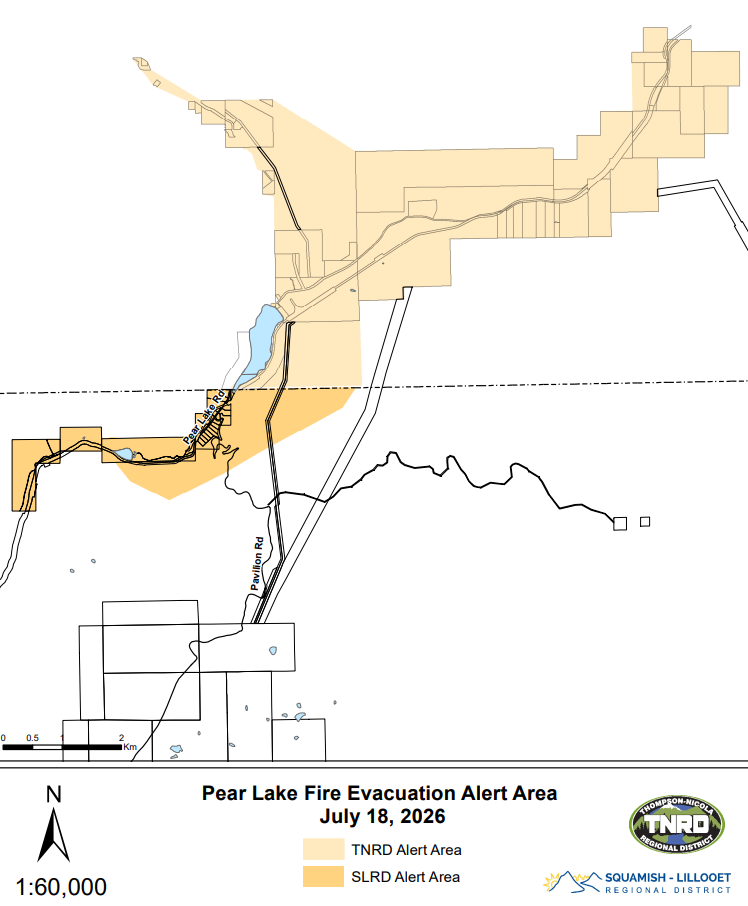 Map showing the Evacuation Alert area, which includes the following addressed properties: 100, 220, 280, 340, and 400 Pear Lake Rd; and 560, 650, 805, 865, and 975 Pavilion-Clinton Rd.