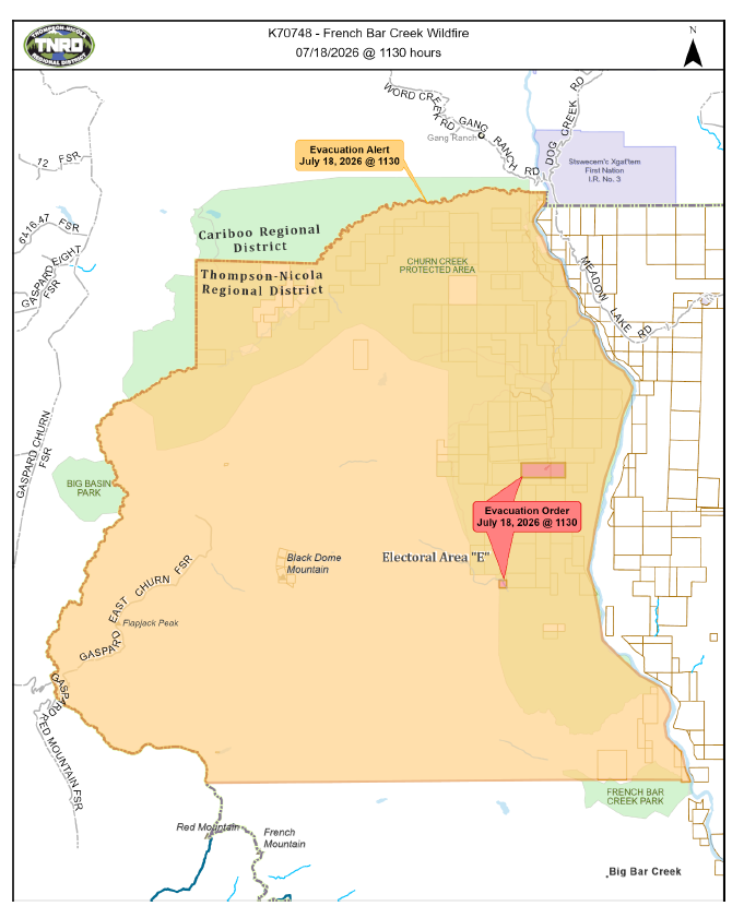 Map showing an Evacuation Order area near Lone Cabin Creek, including PID 013-401-530 (District Lot 5151, Lillooet District), 7129 and 7140 Empire Valley Road, and any other properties within the mapped boundary. An adjacent Evacuation Alert area is also in place.
